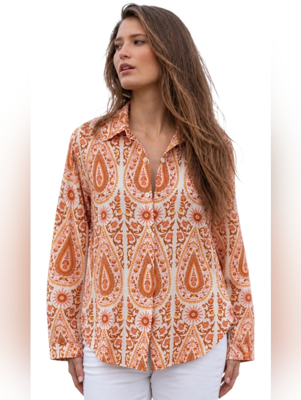 Women's Orange Linen Paisley Button-Up Shirt